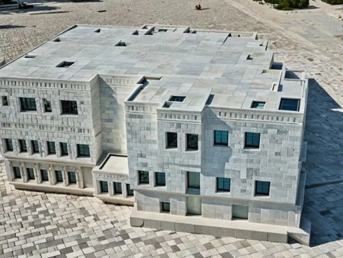 *A modern residential building facade featuring traditional white marble stone masonry with fine textures. The windows have sleek black stone frames surrounding the glass windows as shown in the refer
