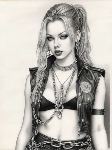 SHAWNA LENEE, in 1990s Heavy Metal clothes, chains, rivets,callisto,female warrior,lotus art drawing,madonna,celtic queen,harley,game drawing,punk,poison,girl drawing,punk design,tattoo girl,bad girl,