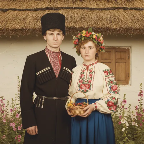 two people are dressed up in old fashion clothing,folk costume,folk costumes,traditional costume,emigrants,cossacks,vintage man and woman