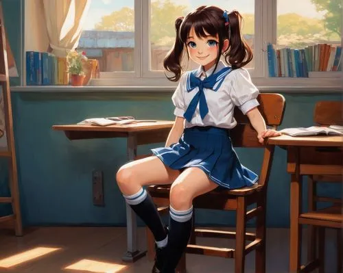 Zero-chan, anime girl, solo, (10yo), blue eyes, twin tails, white blouse, blue skirt, black socks, brown shoes, Japanese school uniform, sitting on a chair, classroom, Tokyo, window, curtain, desk, ch