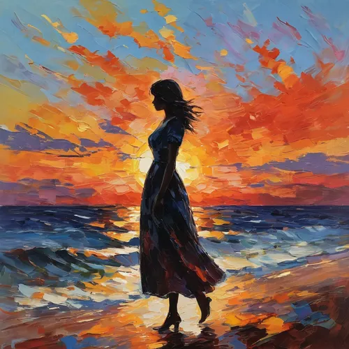 What emotions does a person silhouette evoke at sunset?,woman silhouette,girl in a long dress,woman walking,girl walking away,oil painting,oil painting on canvas,girl on the dune,man at the sea,sunset