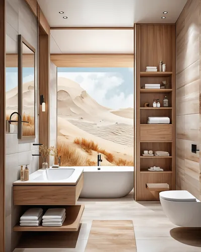 Watercolor (bathroom interior design:1.3) with material suggestion for a modern minimalist house, cool tone rendering, a digital rendering, trending on behance, majestic dunes, award winning, (Dune st