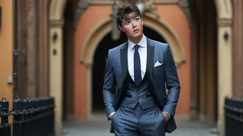 
Pantalone,a man in a suit standing next to a black gate,blur office background,formal guy,dashing,debonair,wedding suit,waistcoat,navy suit,photographic background,spy visual,businessman,image editin