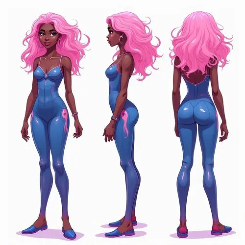 character sheet illustration of a glowing black American woman with a pink rose colored hair, name in teal at the top of the page "alenha", full body shot, wearing a crimson blue jumpsuit blend with a