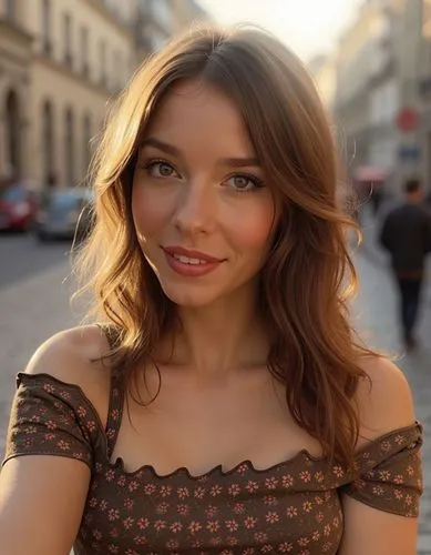 an oil paint of a beautiful caucasian young woman aged 22, with long brown hair borwhn eyes red ;ips, wearing a long floral paterns dress whit a neckline . she stands confidently in front of a street 