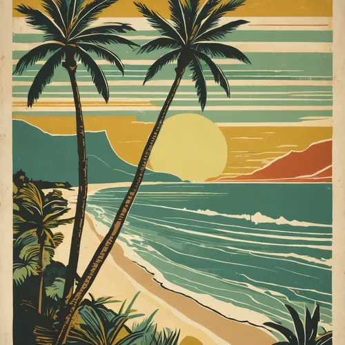 a retro-style poster illustration of a beach scene, palm trees, shoreline, depicting a sense of relaxation and bliss.,travel poster,beach landscape,cool woodblock images,south pacific,tropic,vintage p