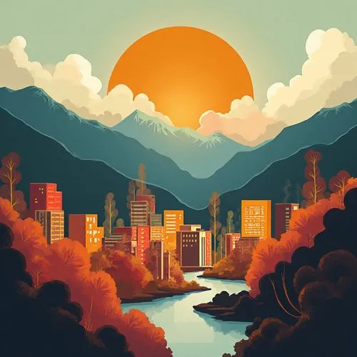 Create a vibrant, stylized cityscape inspired by the colors and geometric shapes in this artwork. Incorporate bold shades of red, yellow, and blue, highlighting a mix of modern and traditional buildin