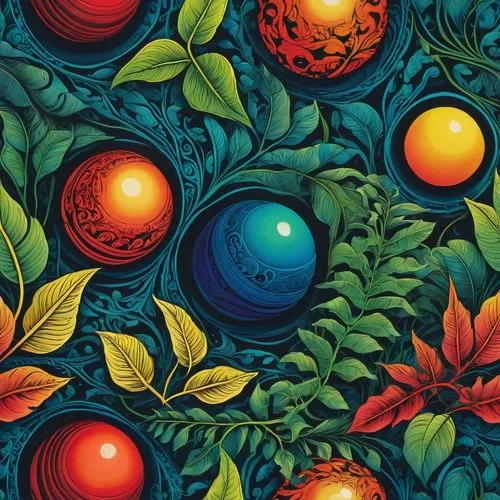 A surreal and mysterious composition drawn entirely with ink marker technique using perfect horizontal lines. Four solid gradient spheres (blue, red, green, and yellow) are grounded, each surrounded b