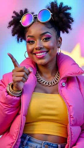 a young woman in pink wearing sunglasses pointing her finger up,pink background,pink vector,rapscallion,fab,pink round frames,lira,crayon background,domino,bubblegum,bright pink,colorful background,gu