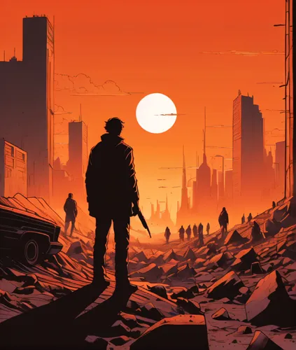 Cinematic scene of lone figure standing by half buried sleeping figures in apocalyptic cityscape. Orange heat haze, creating a dramatic cinematic full of tension ,post-apocalyptic landscape,post apoca