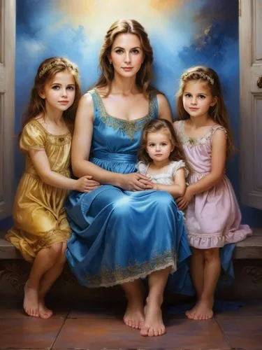 Me barefoot with three of my adopted daughters as a very romantic portrait painting.,a portrait of a woman with two girls on her lap and one of them is wearing a blue dress,the mother and children,hol