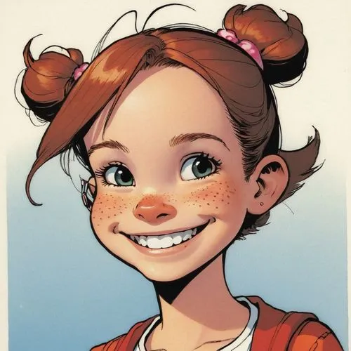 a girl, solo, upper body, smile, ,pippi longstocking,cinnamon girl,a girl's smile,caricaturist,disney character,caricature,agnes,audrey,kids illustration,girl portrait,cute cartoon character,nora,chil