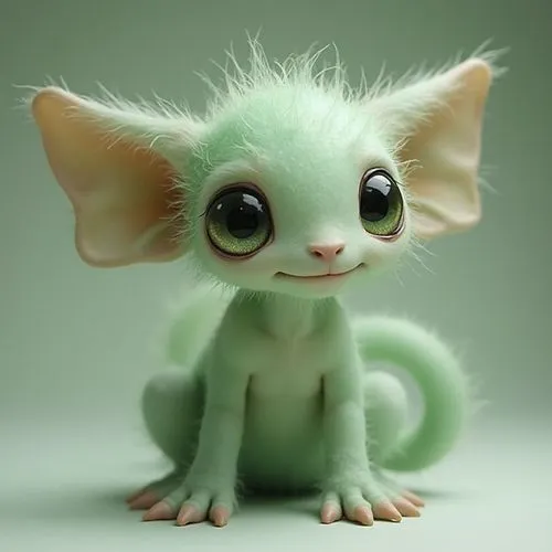 Goulumgouloum: ein Spiralwesen mit großen Augen. Sie ist pastellgrün, haarig mit völlig haarfreien Ohren. Sie hat dünne Beine mit haarigen Zehen und coolem Baba-Aussehen.,there is a cute small green c