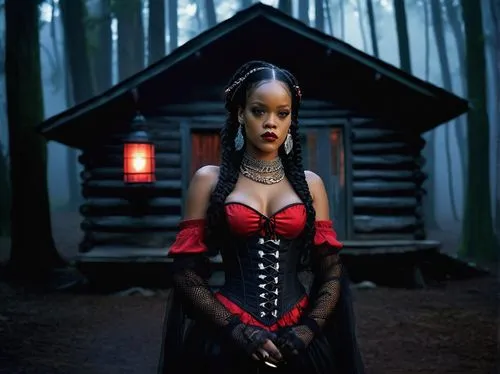 Rihanna, dark-skinned, voodoo priestess, solo, 25yo, exotic facial features, bold eyebrows, full lips, nose ring, curly black hair, braids with beads, red and black costume, corset, layered skirt, fis