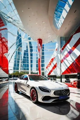 Modern car exhibition hall, futuristic architecture, glass ceiling, steel structure, white marble floor, sleek lines, minimalist decor, spotlights shining down on cars, rows of luxury vehicles, Merced