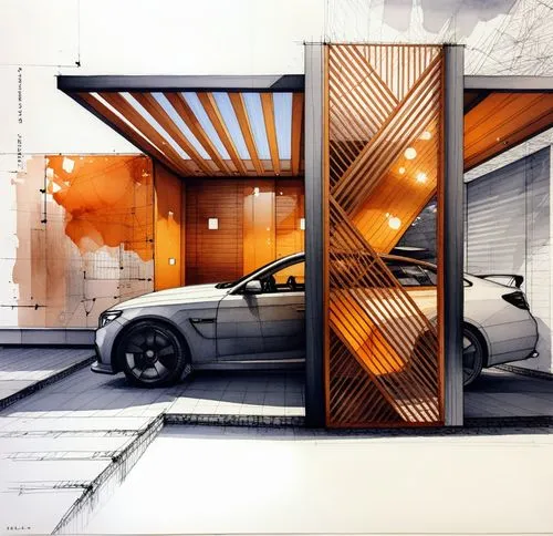 a car parked in a wooden structure in the middle of a floor plan,garage,folding roof,3d rendering