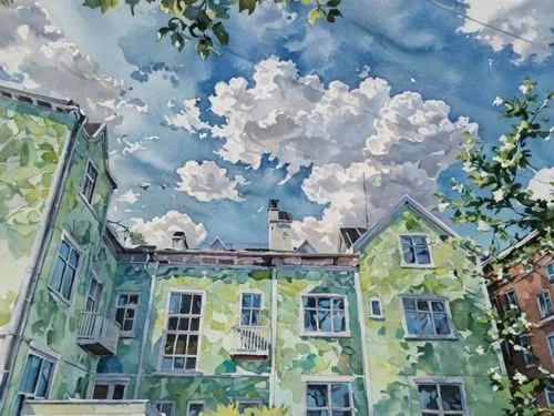 an artistic po of a painting of houses,watercolor background,watercolor shops,facade painting,watercolor,townhouses,row houses