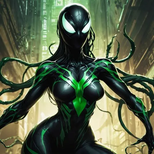 Female symbiote with large black and green chest.,symbiote,hela,patrol,symbiotes,antivenom,venom,anansi,araneda,venomous,aranxta,osborn,viv,volthoom,nekron,aaaa,aranha,cleanup,witchblade,blackarachnia