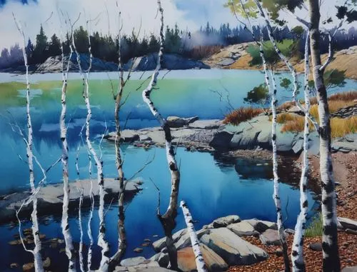 Берег озера, камни, берёзы, акварель,watercolor landscape with a blue lake and trees,watercolor background,salt meadow landscape,winter lake,landscape background,alpine landscape,oil on canvas