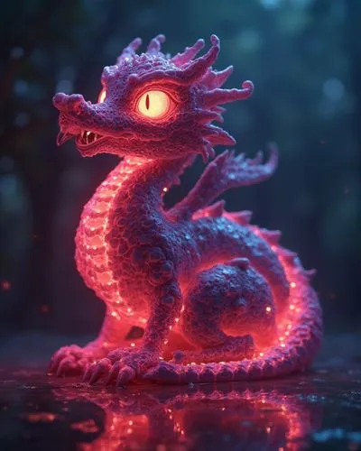 a close up of an illuminated dragon figurine,painted dragon,3d render,dragonja,dragon design,3d rendered,wyrm,fafnir,mushu,dragon,3d fantasy,fire breathing dragon,forest dragon,darragon,firedrake,3d m