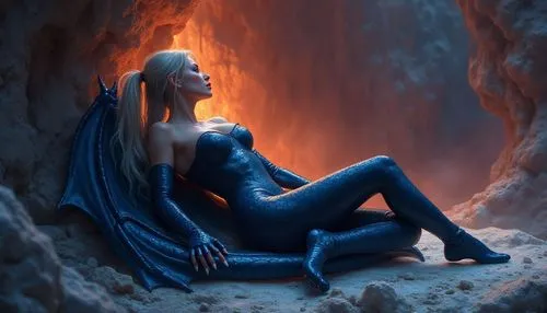 A large, deep blue dragon with folded wings rests in a cave, eyes half-closed
illustration 4k quality hentai style:
A woman in a seductive  pose in shiny black latex full bodysuit, latex stockings and