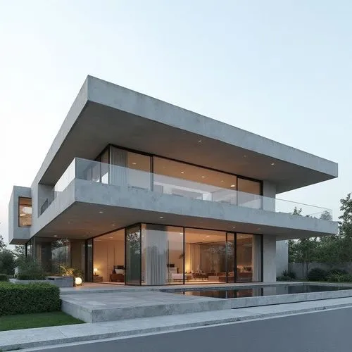 Exactly three full visible floors with identical floor-to-floor heights. Timeless contemporary minimalist villa with a disciplined horizontal composition, calm geometry, refined proportions and elegan