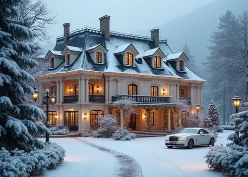 Snow-covered luxury mansion in a French neoclassical style, surrounded by a serene winter landscape. The mansion features a light cream facade with intricate columns, ornate moldings, and tall arched 
