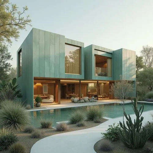 ,a modern house has a pool surrounded by cactuses,cubic house,mid century house,dunes house,modern house,cube house,3d rendering,modern architecture,cube stilt houses,prefab,vivienda