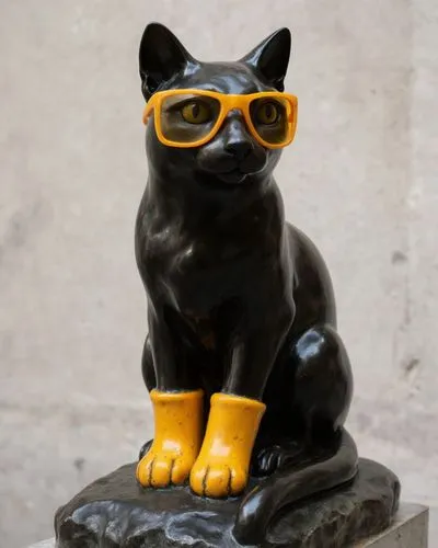 estatua de un gato oscuro con gafas naranjadas,a black cat with glasses and yellow feet sitting on a rock,black cat,bronze sculpture,tomcats,panther,pumas,great puma,cat image,wayfarer,lucky cat,marte
