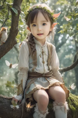 Girl elf sitting in top of tree branch, surrounded by little faeries,child fairy,little girl fairy,child portrait,little girl in wind,the little girl,little girl,girl with tree,child girl,mystical por