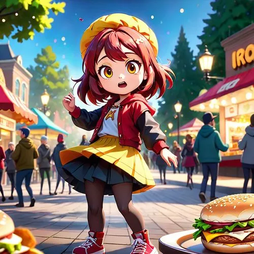 take random fast food, humanize it, maki it dancing in park,southpark style,maki roll,mikuru asahina,maki,burger,hamburger,big hamburger,burgers,fast food restaurant,red robin,mcdonald,mc,fastfood,ham