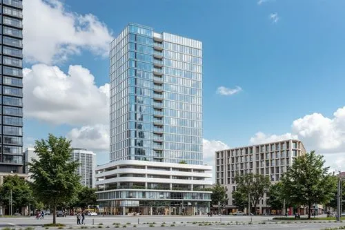 COMMERCIAL BUILDING, BLUE GLASS,
DAY VIEW
,a big building in the middle of some tall buildings,residential tower,new housing development,leaseholders,maisonettes,tower block,urban towers,penthouses,le