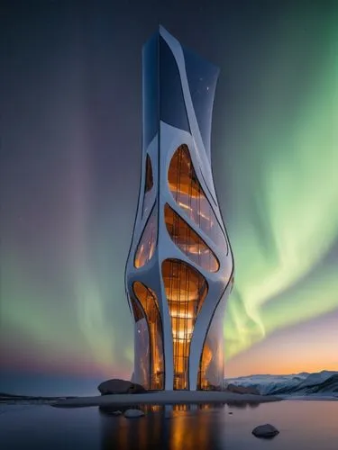 an architecture project at night under the aurora display,ordos,futuristic architecture,bjarke,snohetta,futuristic art museum,the energy tower