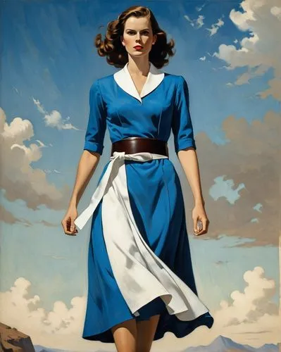 An enigmatic digital illustration: A woman with a vibrant blue dress, adorned in a black belt, and a white collar stands tall. Her gaze, directed sideways, adds mystery; her brown hair adds a splash o
