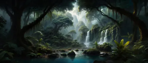 a painting of some trees and waterfalls in the forest,rainforest,waterfall,rain forest,rainforests,tropical forest,fantasy landscape,elven forest,green waterfall,rivendell,alfheim,waterfalls,fantasy p