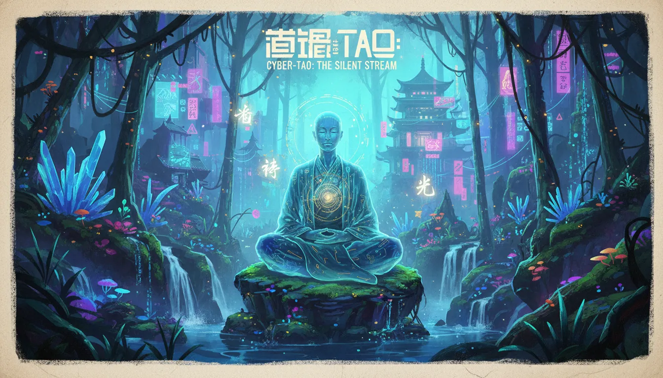 Un poster in stile Cyber-Taoismo che mostra una serena figura olografica in meditazione in una foresta bioluminescente illuminata da luci al neon.