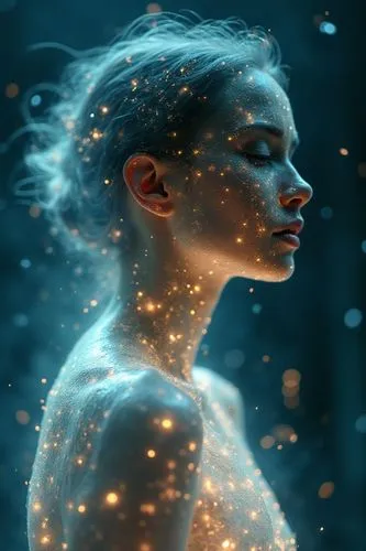 Transparent woman, we can see the inside made of electronics, high fashion photography, shallow depth of field,a beautiful woman with white, glitter body paint and blue background,mystical portrait of