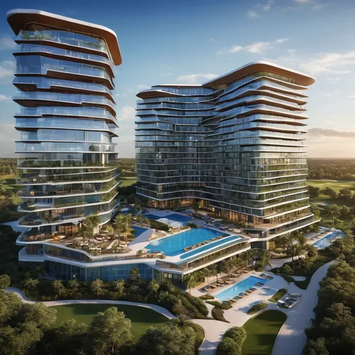 Two 14 stories, solor glass, renewable energies,  triangular outer buildings, one separate 14 stories octagonal center building, three pools, one rooftop deck pool, balconies on one building, golf cou