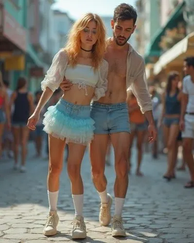 man and women are walking down the street in underwear,couple goal,french tourists,dancers,vintage man and woman,vintage boy and girl,dancing couple,lambada,tutus,roller skates,pride parade,tarantella