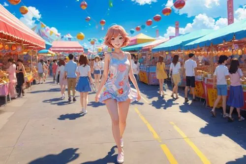 Anime girl strolls through summer fair,an asian girl is walking down the street in front of many other people,anime japanese clothing,shopping street,kyary,fashion street,joyland,imageworks