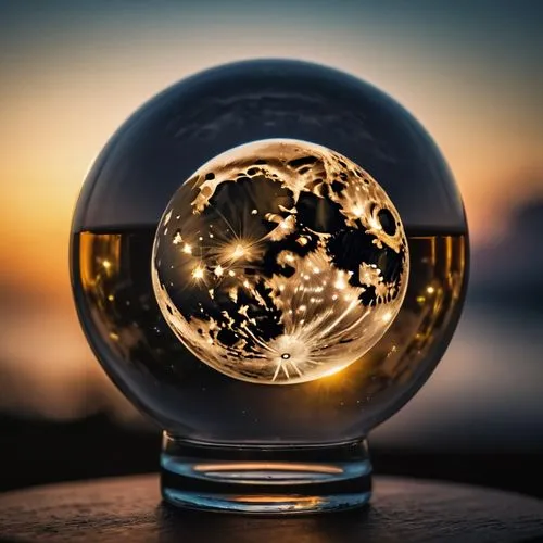 The Moon enclosed in a Glass Sphere, intricately detailed photorealism precisionism 8K 3D HDR, beautifully shot, hyperrealistic, sharp focus, 8 megapixels, perfect composition, high contrast, cinemati