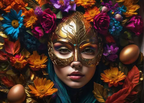 Imagine a futuristic world where brown eggs have special powers and write a scene,masquerade,golden wreath,girl in a wreath,fantasy portrait,wreath of flowers,venetian mask,golden crown,golden mask,fl