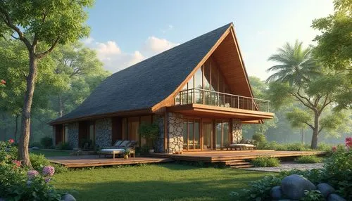 A beautiful one-story modern tropical house with a steep pointed roof, elegant wooden balcony, large glass windows, spacious veranda, natural stone walls, surrounded by lush green garden and colorful 