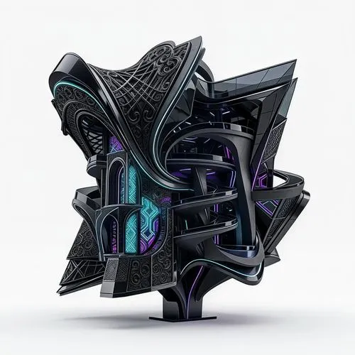 Three dimensional abstract simple minimalist asymmetrical architectural object on a white background without context, emulating a baroque techno nightclub
,a black geometric sculpture that resembles