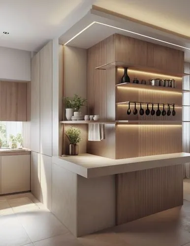 a well lit room contains a white counter top and several open shelves,modern kitchen interior,kitchen design,modern kitchen,modern minimalist kitchen,kitchen interior,minibar,kitchen cabinet,pantry,ki