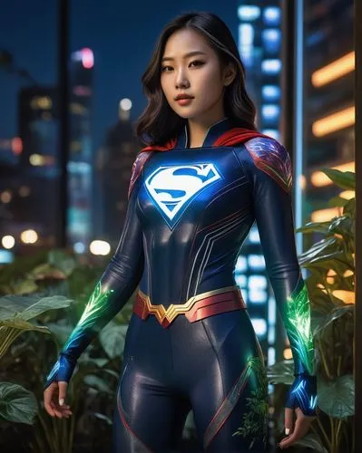 SUPERGIRL EM PÉ NA CIDADE,super heroine,superhero,superhero background,super hero,super woman,wonder,wonder woman city,su yan,asian costume,neon body painting,lantern bat,asian vision,da nang,hong,lig