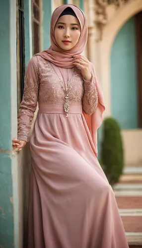 beautiful 20 year old Korean model, full body, beautiful, dress and expensive jewelry, wear hijabi, expensive low-cut dress, pouty lips, sharp-focus, very sharp, high-quality, color, unique, one image