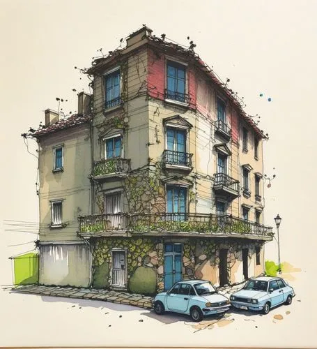 Copic markers style,watercolor tea shop,watercolor cafe,napoli,facade painting,an apartment,apartment building