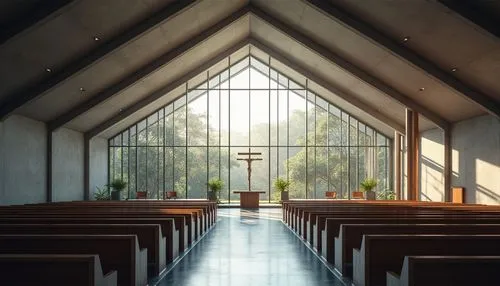 Modern church, galvanized steel structure, angular architecture, sleek lines, large glass windows, natural light pouring in, minimalist interior, steel beams exposed, polished concrete floor, rows of 