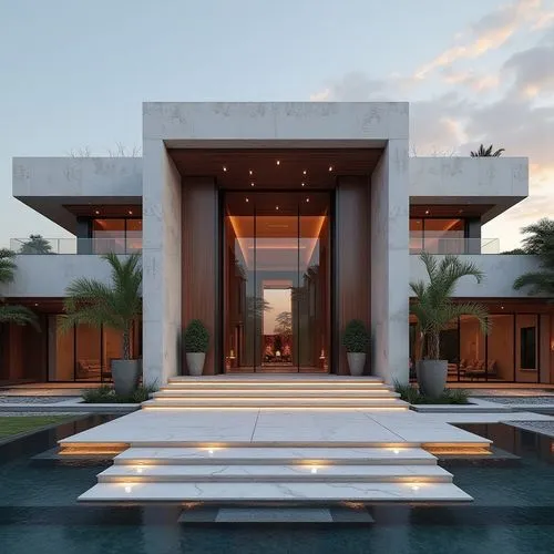 A hyper-realistic, high-resolution architectural photograph capturing a grand, ultra-modern luxury mansion at twilight. The building’s façade is composed of smooth white stone panels contrasted with s
